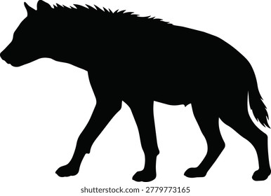 A black silhouette of a hyena captured mid-stride, showcasing its distinctive body shape and gait.