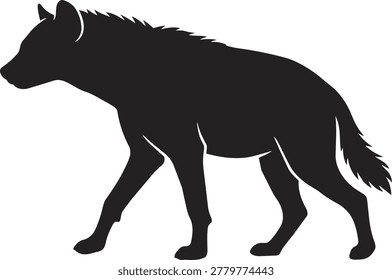 A black silhouette of a hyena captured mid-stride, showcasing its distinctive posture and form against a white background.
