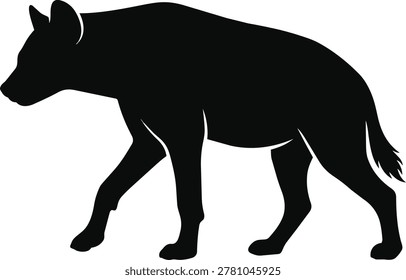 A black silhouette of a hyena captured mid-stride, showcasing its distinctive body shape and gait.