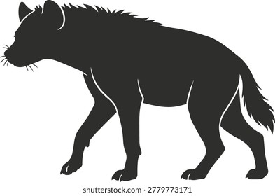 A black silhouette of a hyena captured in a side profile, showcasing its distinctive gait and form.