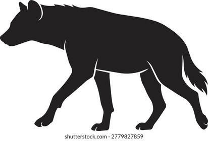 A black silhouette of a hyena captured in a side profile, showcasing its distinctive gait and form.