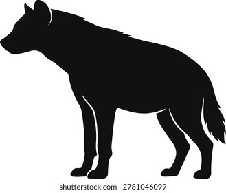 A black silhouette of a hyena shown from the side. The hyena is standing with its head turned to the left.