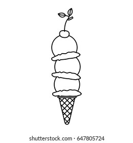 black silhouette of ice cream cone with three balls and cherry vector illustration