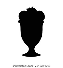A black silhouette of an ice cream sundae in a stemmed glass. The ice cream scoops and a possible strawberry topping are depicted simply. The image is stark against a white background.