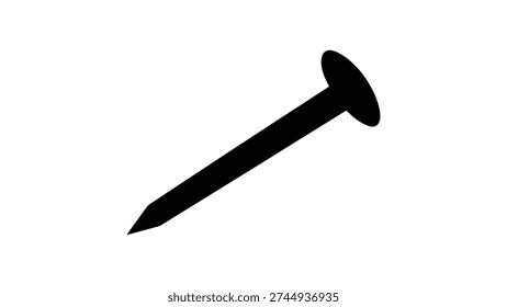 black silhouette icon of angled nail with pointed tip and flat circular head, simple hardware symbol for construction, carpentry, fastening materials