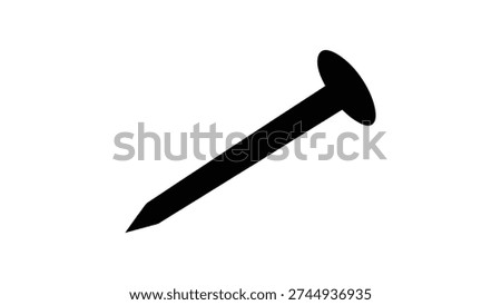black silhouette icon of angled nail with pointed tip and flat circular head, simple hardware symbol for construction, carpentry, fastening materials