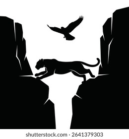 Black Silhouette Icon an Arabian Leopard Leaping Between Two Cliffs With a Falcon Flying Above, Symbolizing Arabian Wildlife