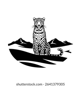 Black Silhouette Icon an Arabian Leopard Sitting Proudly on a Sand Dune With Distant Mountains in the Background
