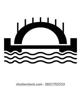 Black silhouette icon of an arched bridge spanning over water waves. Simple graphic design suitable for web and print. Symbol of infrastructure.