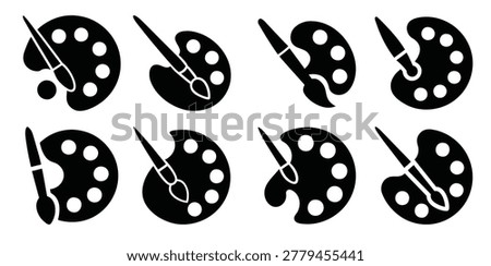 Black silhouette icon of artist's paint palette and brush with circular wells, minimal vector ideal for creative, artistic. Artist supply collection creative vector style, vector illustration.