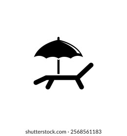 Black silhouette icon of beach umbrella and lounge chair.