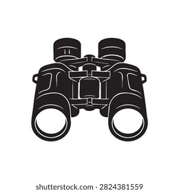 Black silhouette icon of binoculars viewed from the front. Perfect for outdoor sports, wildlife observation, adventure photography, travel agencies, and optical equipment retail design assets.