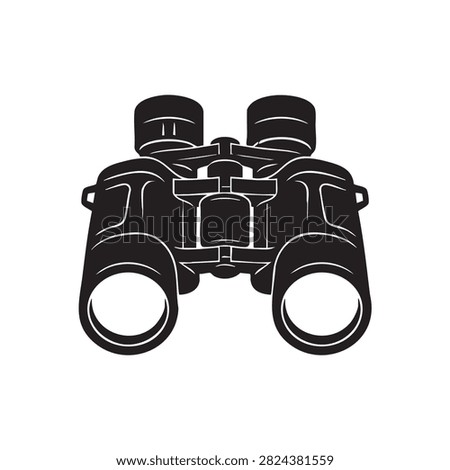 Black silhouette icon of binoculars viewed from the front. Perfect for outdoor sports, wildlife observation, adventure photography, travel agencies, and optical equipment retail design assets.