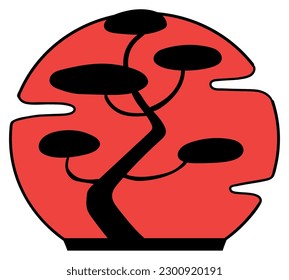 Black silhouette icon Bonsai tree on red background. Logo bonsai. Vector illustration