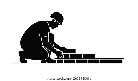 Black Silhouette Icon a Bricklayer Crouched Down, Carefully Aligning Bricks Along a Straight Edge