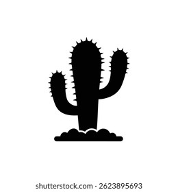 Black Silhouette Icon of Cactus with Three Arms and Base Rocks