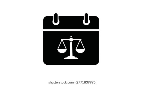 Black silhouette icon of a calendar displaying scales of justice. This flat graphic symbol represents legal dates, court schedules, and concepts of law and fairness on a white background.