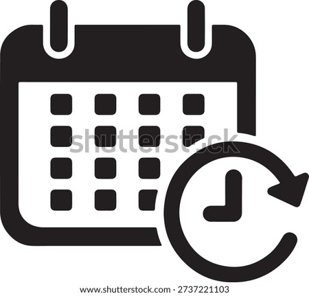 Black silhouette icon of a calendar with a refresh clock symbol, ideal for illustrating scheduling, historical events, or updated appointments.