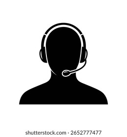 Black silhouette icon of a call center agent with headset and microphone on white background