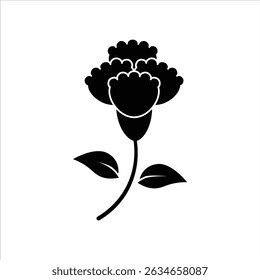 A black silhouette icon of a carnation, featuring its ruffled petals and tall stem, ideal for floral arrangements and decorative designs.