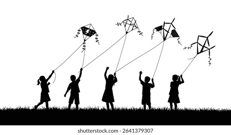 Black Silhouette Icon Children Flying Kites Shaped Like Solar Panels and Wind Turbines, Symbolizing a Clean Energy Future