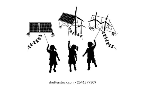 Black Silhouette Icon Children Flying Kites Shaped Like Solar Panels and Wind Turbines, Symbolizing a Clean Energy Future