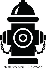 Black silhouette icon of a classic fire hydrant, featuring a central valve and side hose connections with chains, isolated on a white background.