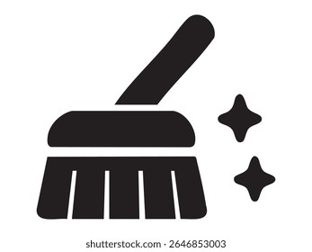 Black silhouette of icon of cleaning brush with sparkles, isolated on white background. concept of cleanliness, housekeeping, sanitation, household chore, illustration, design element.
