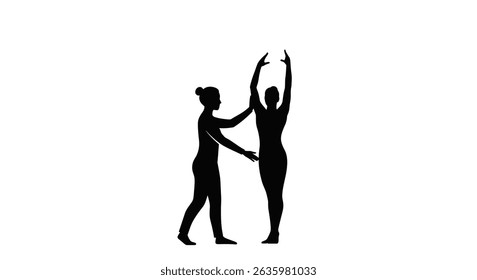 Black Silhouette Icon A coach spotting a gymnast during training, in a minimalistic silhouette style on a white background 