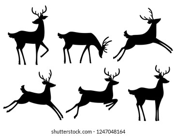 Black silhouette icon collection. Brown deer. Hoofed ruminant mammals. Cartoon animal design. Cute deer with antlers. Flat vector illustration isolated on white background.