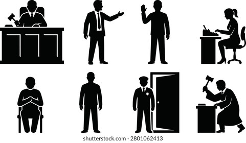 Black silhouette icon collection featuring professional workplace roles and business activities including a judge, office worker, speaker, secretary, visitor, security guard, and auctioneer. Ideal for business presentations, legal services, office management, HR materials, websites, and infographics.
