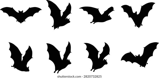 Black silhouette icon collection featuring bats in various flying, hanging, gliding, and roosting poses. Ideal for Halloween, wildlife, nocturnal animals, nature, ecology, conservation, and graphic design projects.