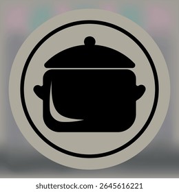Black silhouette icon of a cooking pot with lid inside a circular frame on a neutral background, symbolizing kitchen cookware and culinary tools.