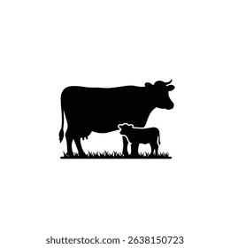 Black Silhouette Icon a Cow Standing in a Pasture With Its Head Lowered, Grazing on Grass