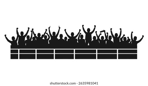 Black Silhouette Icon A crowd silhouette cheering behind the racetrack fence, in a minimalistic silhouette style on a white background 