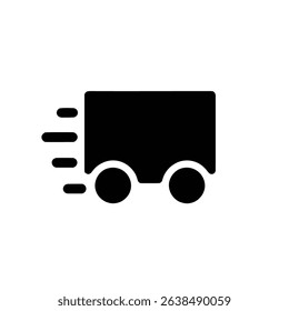 Black silhouette icon of a delivery truck conveying speed with motion lines behind it. The icon depicts fast, moving transport for commercial delivery services.