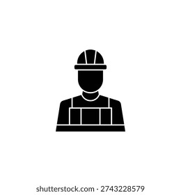 A black silhouette icon depicting a construction worker or engineer wearing a hard hat and safety vest, symbolizing labor, safety, and industry.