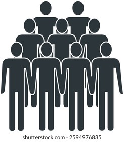 A black silhouette icon depicting a group of people arranged in a triangular formation, holding hands.