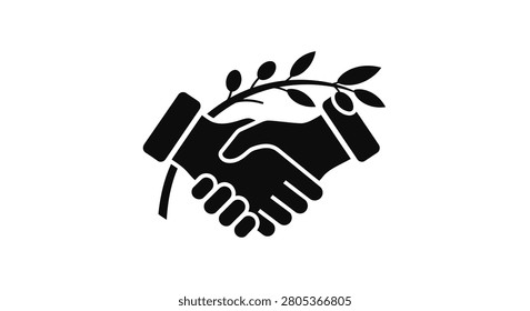 A black silhouette icon depicting a handshake combined with an olive branch symbolizing peace agreement cooperation and diplomacy
