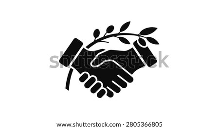 A black silhouette icon depicting a handshake combined with an olive branch symbolizing peace agreement cooperation and diplomacy