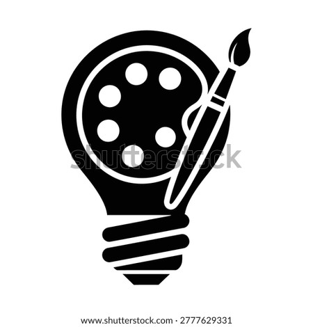 A black silhouette icon depicting a light bulb containing a painter's palette with paint dabs and a paintbrush, symbolizing artistic inspiration.