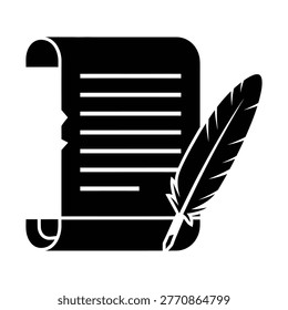 A black silhouette icon depicting an old parchment scroll with text lines next to a classic feather quill pen, symbolizing writing, literature, and historical documents.