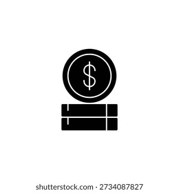 Um ícone de silhueta preta representando uma pilha de moedas com um sinal de dólar proeminente no topo da moeda, simbolizando finanças, riqueza e transações econômicas.