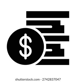 A black silhouette icon depicting a stack of coins, with the foremost coin prominently displaying a dollar sign, representing financial concepts.