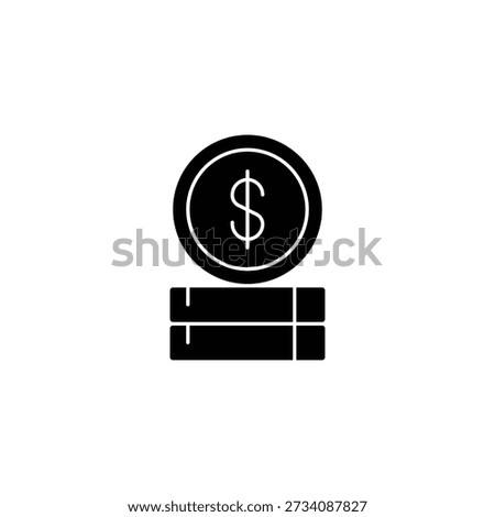 A black silhouette icon depicting a stack of coins with a prominent dollar sign on the topmost coin, symbolizing finance, wealth, and economic transactions.