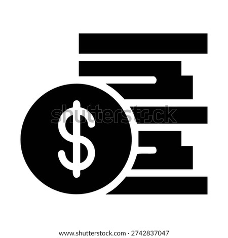 A black silhouette icon depicting a stack of coins, with the foremost coin prominently displaying a dollar sign, representing financial concepts.