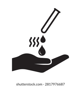 Black silhouette icon depicting a test tube releasing liquid droplets into an open hand. It represents a scientific or medical