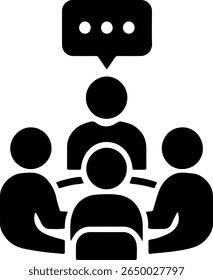 A black silhouette icon depicts a group of four people gathered around a table, with one person above them speaking. The distinctive silhouette style represents communication and discussion.