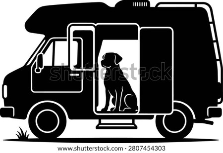 Black silhouette icon of a dog sitting inside a camper van