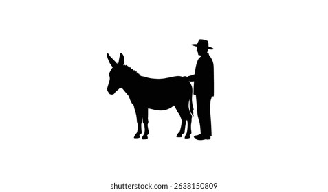 Black Silhouette Icon a Silhouette of a Donkey Standing Beside a Farmer Holding Its Reins